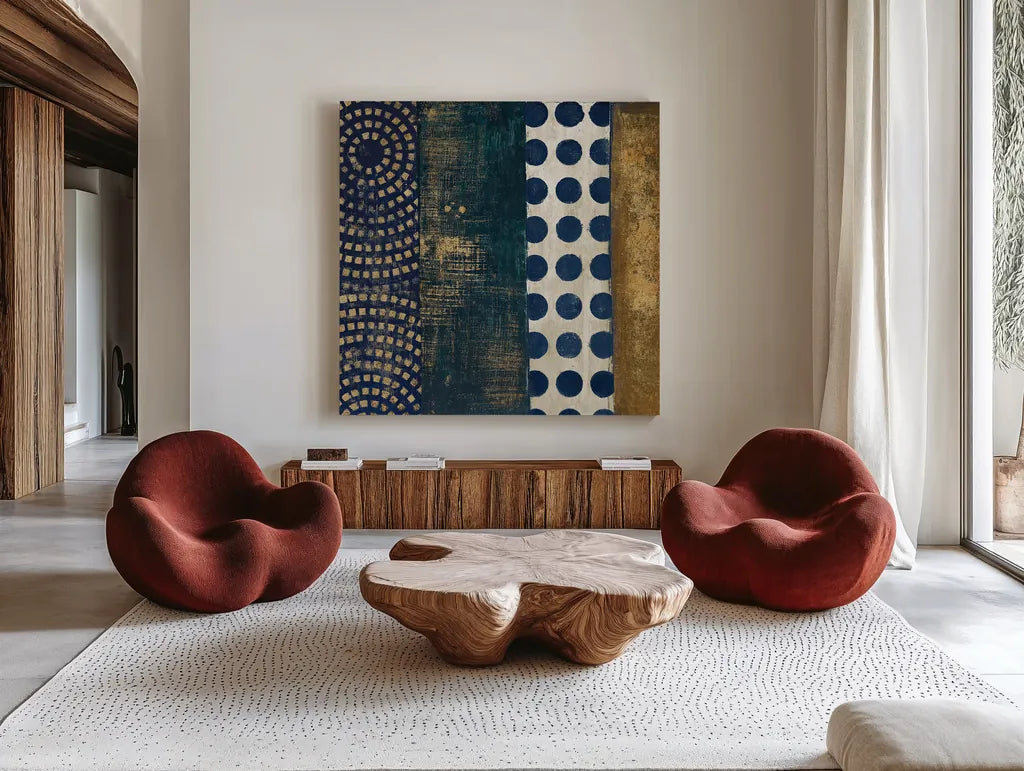 Juxtapose VI Metallic by Cheryl Warrick. Shown as extra-large giant wall art in a modern living room. Available as an archival giclee rolled canvas, fine art paper, or poster print. SKU 19256a.