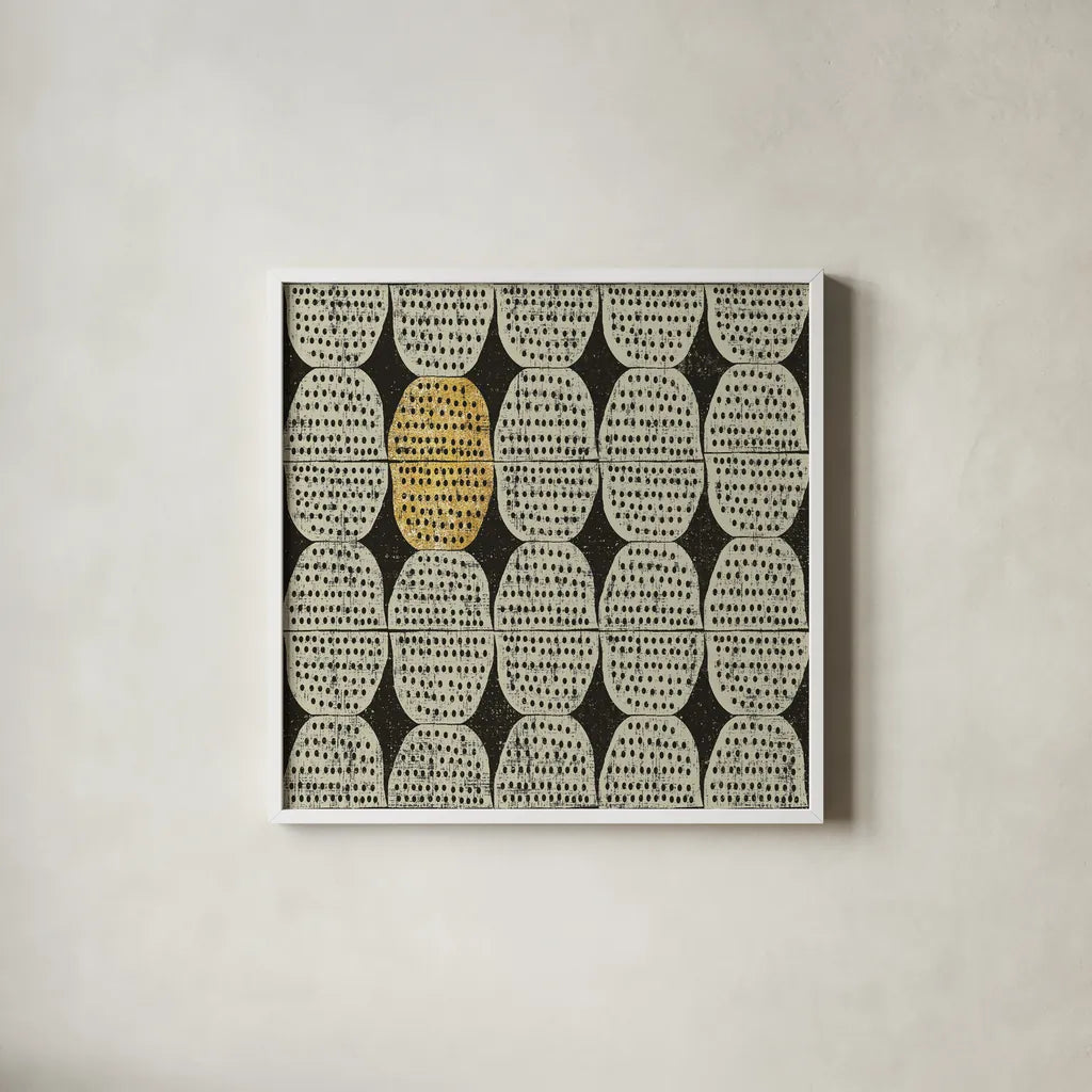 Kitchen Play Pattern II BWG by Cheryl Warrick. Shown in a crisp white glass frame for a clean and minimalist style. Available as an archival giclee rolled canvas, fine art paper, or poster print. SKU 77643a.