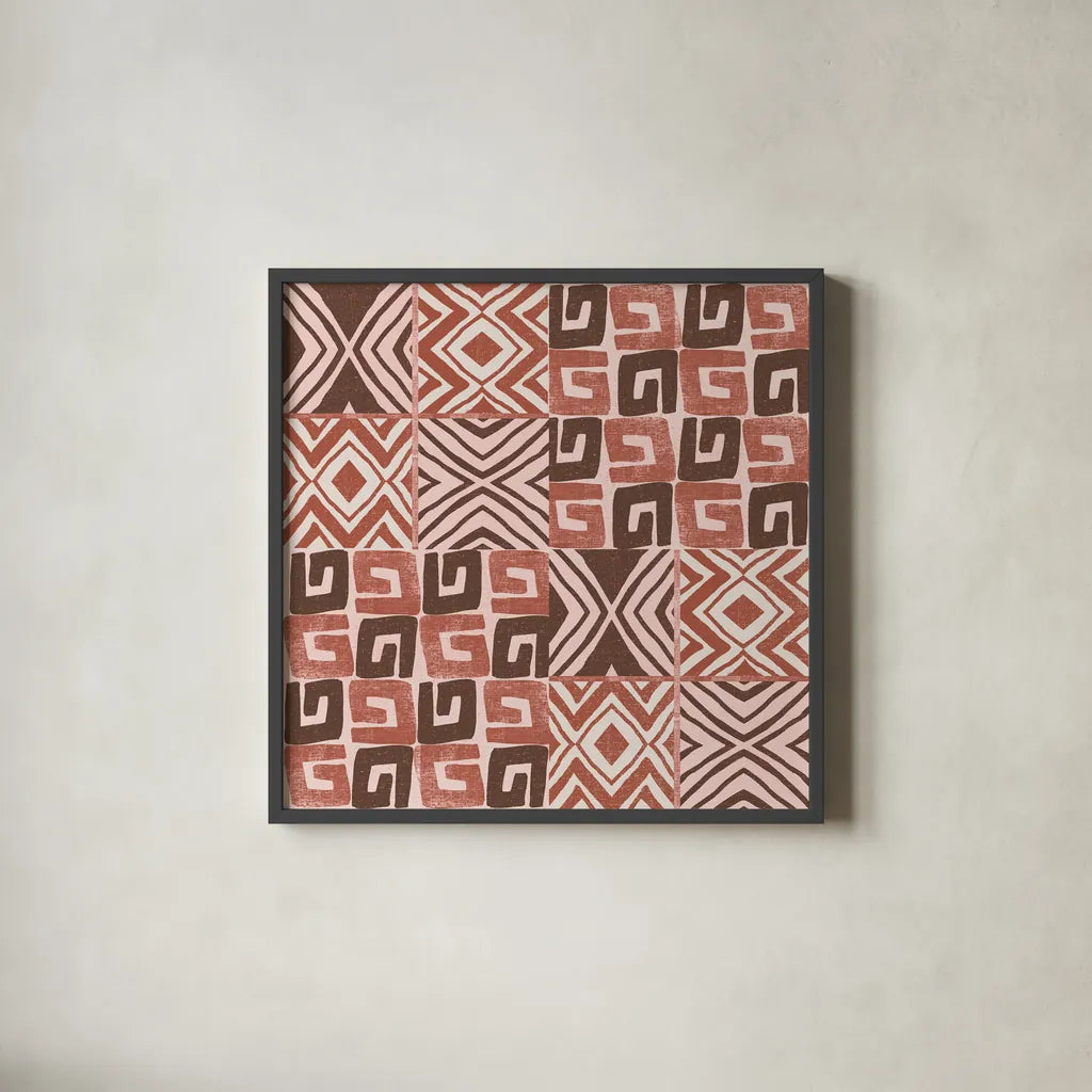 Kuba Dance II Blush by Cheryl Warrick. Shown in a sleek black glass frame for a contemporary gallery look. Available as an archival giclee rolled canvas, fine art paper, or poster print. SKU 82167a.