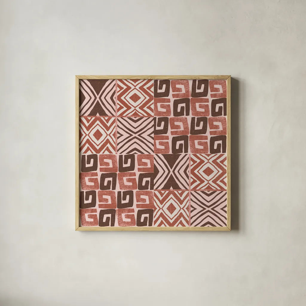 Kuba Dance II Blush by Cheryl Warrick. Shown in a natural wood glass frame for a timeless modern aesthetic. Available as an archival giclee rolled canvas, fine art paper, or poster print. SKU 82167a.