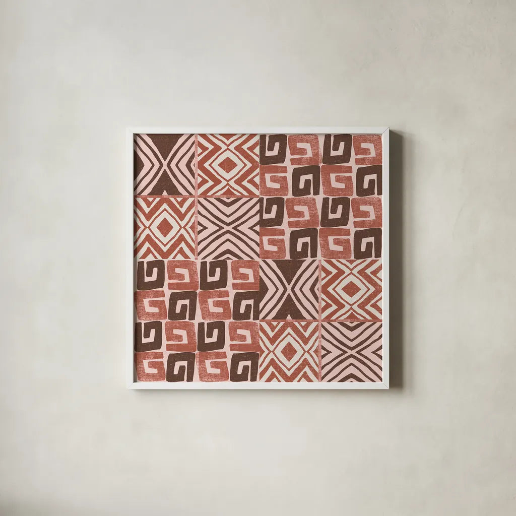 Kuba Dance II Blush by Cheryl Warrick. Shown in a crisp white glass frame for a clean and minimalist style. Available as an archival giclee rolled canvas, fine art paper, or poster print. SKU 82167a.