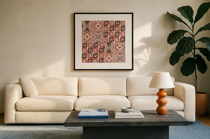 Kuba Dance II Blush by Cheryl Warrick. Displayed in a glass frame with matte in a clean modern living room. Available as an archival giclee rolled canvas, fine art paper, or poster print. SKU 82167a.