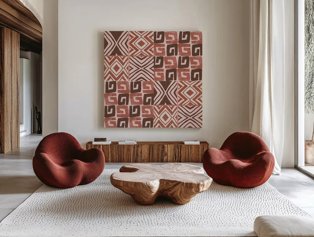 Kuba Dance II Blush by Cheryl Warrick. Shown as extra-large giant wall art in a modern living room. Available as an archival giclee rolled canvas, fine art paper, or poster print. SKU 82167a.