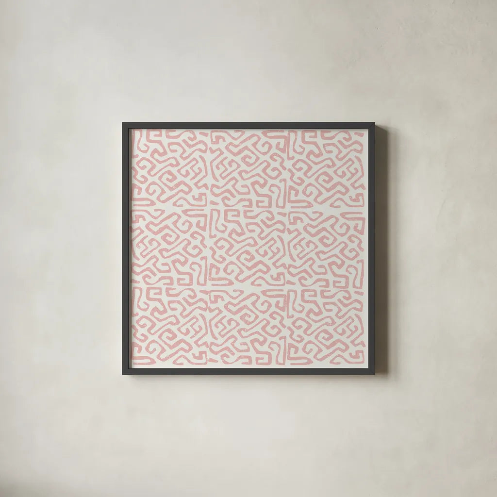 Kuba Play I Blush by Cheryl Warrick. Shown in a sleek black glass frame for a contemporary gallery look. Available as an archival giclee rolled canvas, fine art paper, or poster print. SKU 82379a.