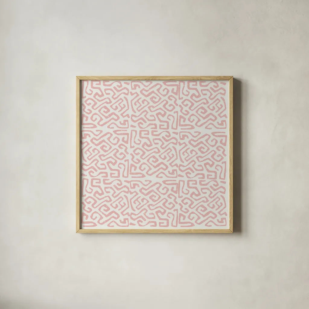 Kuba Play I Blush by Cheryl Warrick. Shown in a natural wood glass frame for a timeless modern aesthetic. Available as an archival giclee rolled canvas, fine art paper, or poster print. SKU 82379a.
