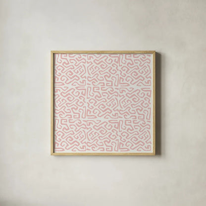 Kuba Play I Blush by Cheryl Warrick. Shown in a natural wood glass frame for a timeless modern aesthetic. Available as an archival giclee rolled canvas, fine art paper, or poster print. SKU 82379a.