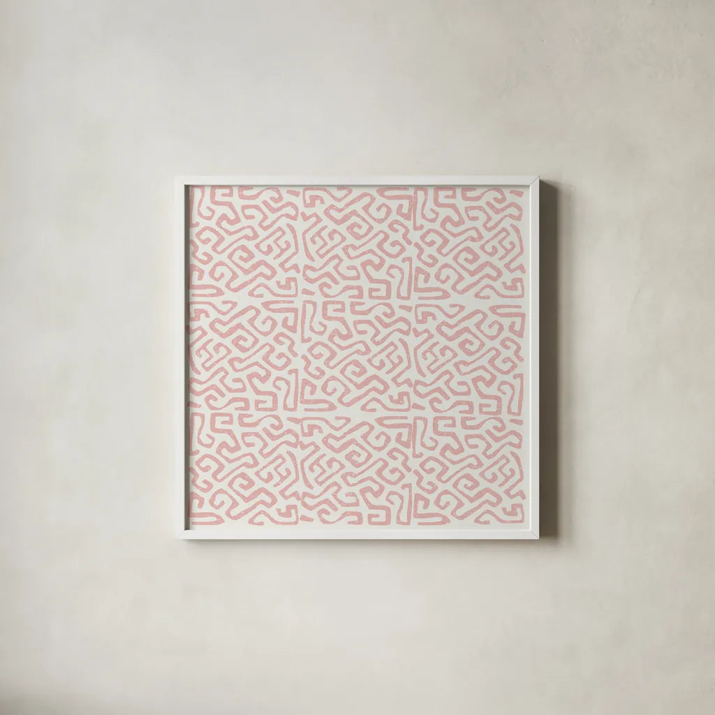 Kuba Play I Blush by Cheryl Warrick. Shown in a crisp white glass frame for a clean and minimalist style. Available as an archival giclee rolled canvas, fine art paper, or poster print. SKU 82379a.