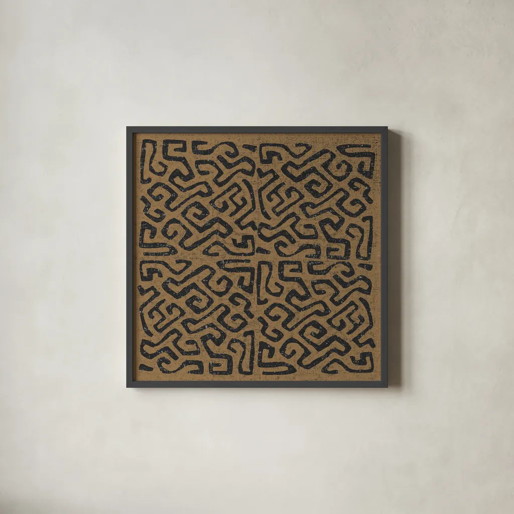 Kuba Play I Brown by Cheryl Warrick. Shown in a sleek black glass frame for a contemporary gallery look. Available as an archival giclee rolled canvas, fine art paper, or poster print. SKU 77619a.