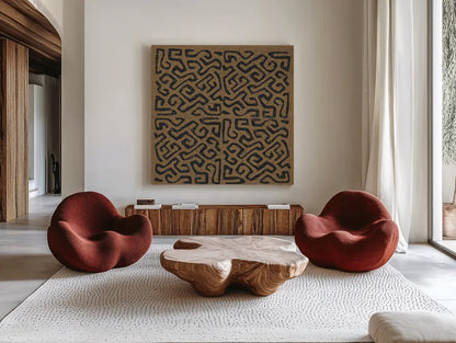 Kuba Play I Brown by Cheryl Warrick. Shown as extra-large giant wall art in a modern living room. Available as an archival giclee rolled canvas, fine art paper, or poster print. SKU 77619a.