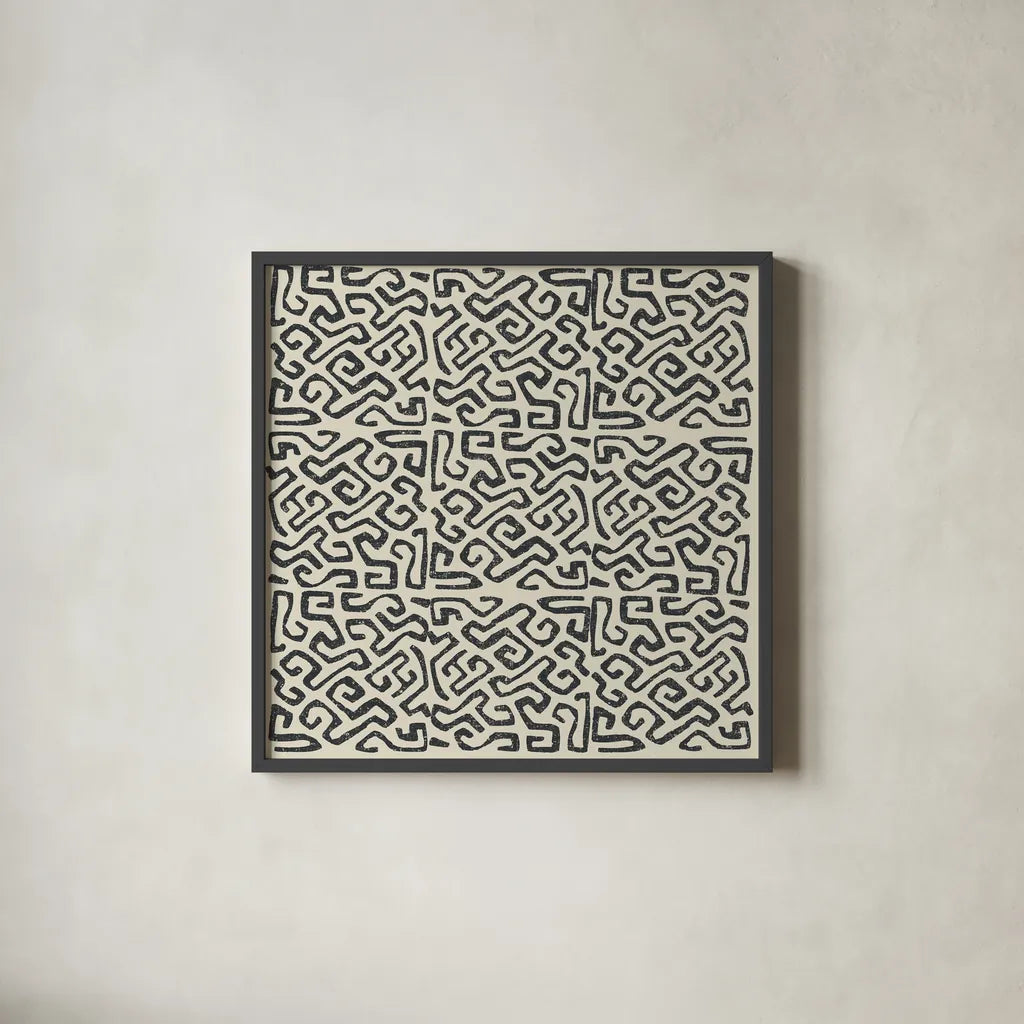 Kuba Play I Neutral by Cheryl Warrick. Shown in a sleek black glass frame for a contemporary gallery look. Available as an archival giclee rolled canvas, fine art paper, or poster print. SKU 63178a.