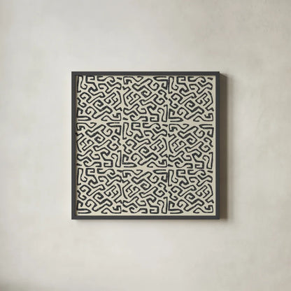 Kuba Play I Neutral by Cheryl Warrick. Shown in a sleek black glass frame for a contemporary gallery look. Available as an archival giclee rolled canvas, fine art paper, or poster print. SKU 63178a.