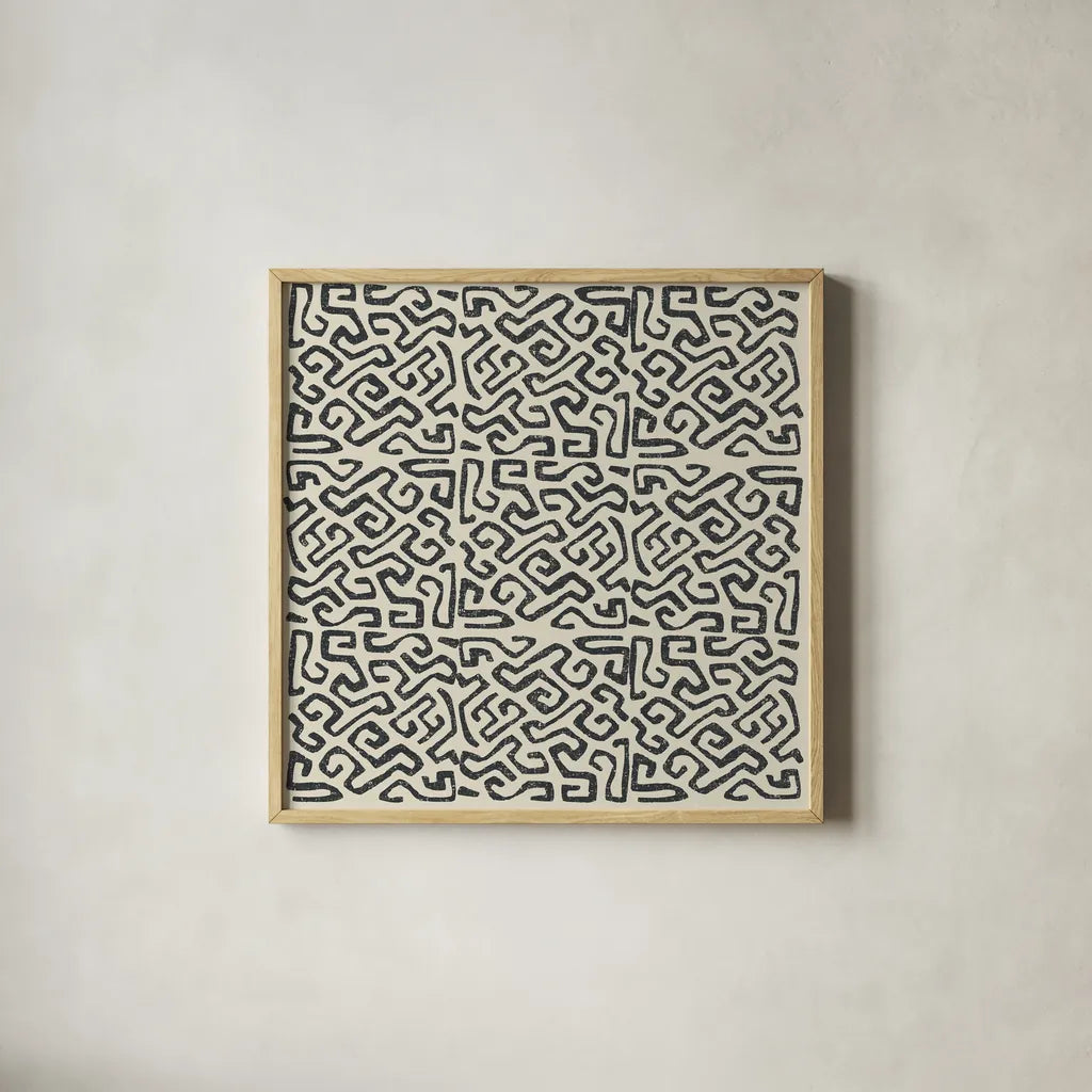 Kuba Play I Neutral by Cheryl Warrick. Shown in a natural wood glass frame for a timeless modern aesthetic. Available as an archival giclee rolled canvas, fine art paper, or poster print. SKU 63178a.