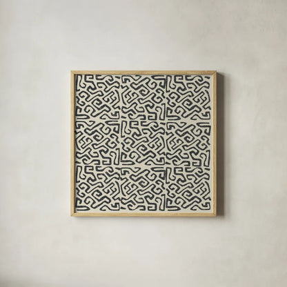 Kuba Play I Neutral by Cheryl Warrick. Shown in a natural wood glass frame for a timeless modern aesthetic. Available as an archival giclee rolled canvas, fine art paper, or poster print. SKU 63178a.