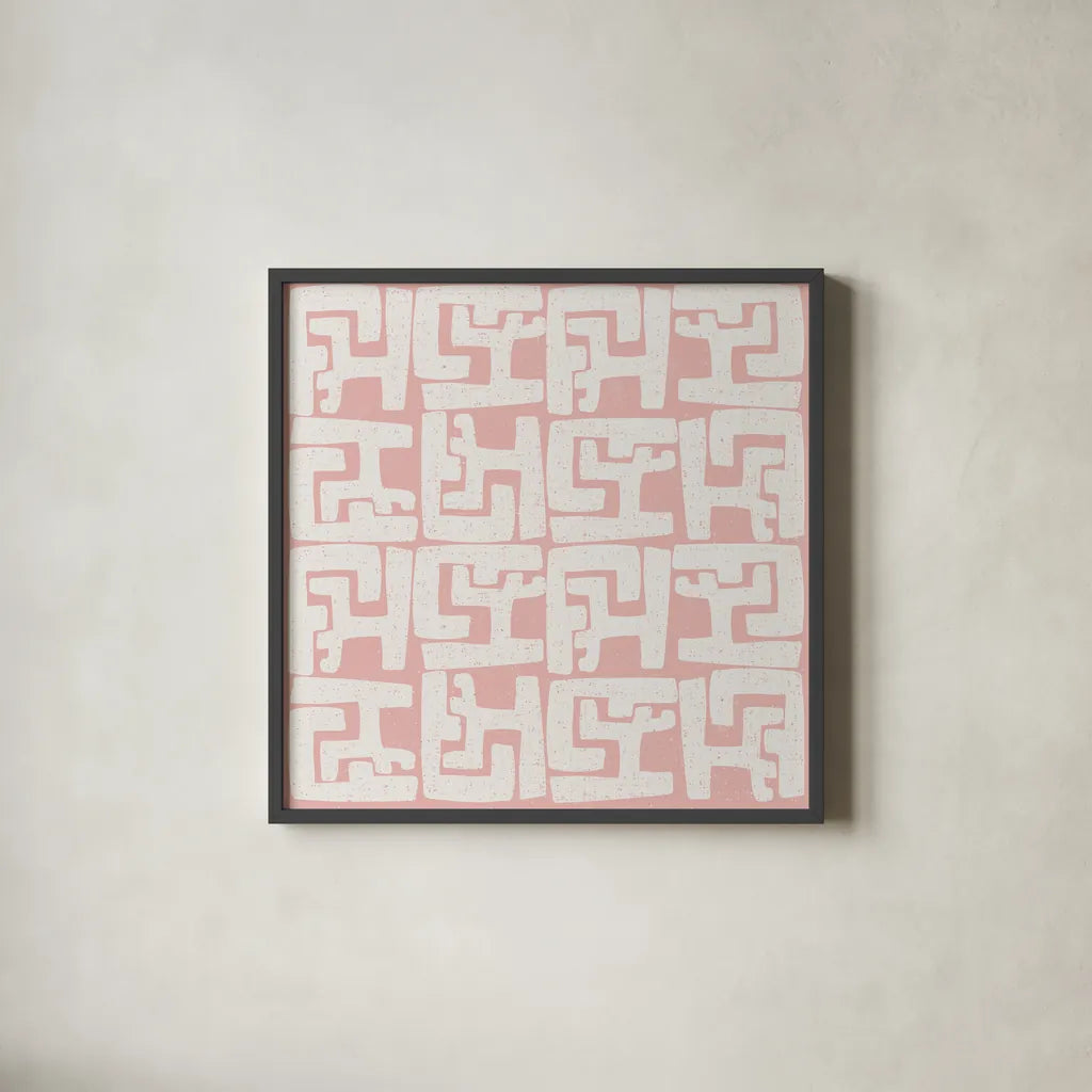 Kuba Play II Blush by Cheryl Warrick. Shown in a sleek black glass frame for a contemporary gallery look. Available as an archival giclee rolled canvas, fine art paper, or poster print. SKU 82380a.