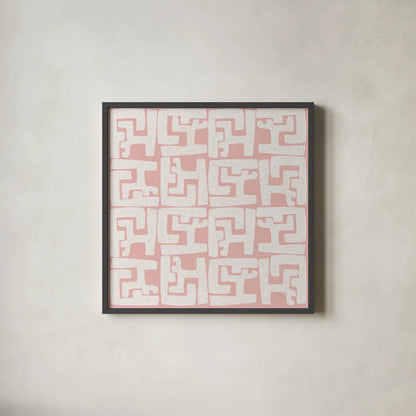 Kuba Play II Blush by Cheryl Warrick. Shown in a sleek black glass frame for a contemporary gallery look. Available as an archival giclee rolled canvas, fine art paper, or poster print. SKU 82380a.