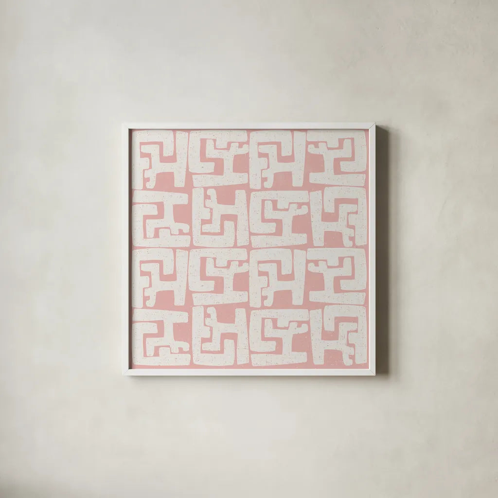 Kuba Play II Blush by Cheryl Warrick. Shown in a crisp white glass frame for a clean and minimalist style. Available as an archival giclee rolled canvas, fine art paper, or poster print. SKU 82380a.
