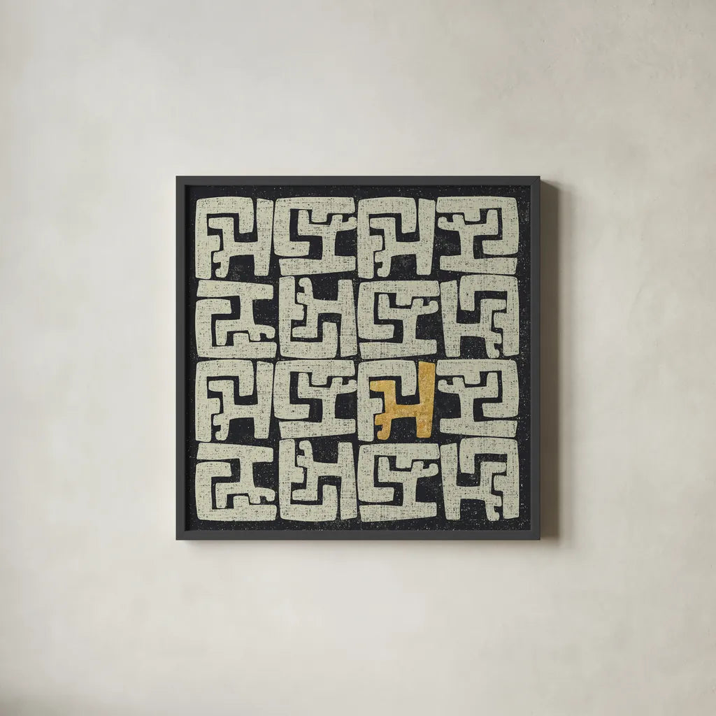 Kuba Play II Gold by Cheryl Warrick. Shown in a sleek black glass frame for a contemporary gallery look. Available as an archival giclee rolled canvas, fine art paper, or poster print. SKU 77618a.