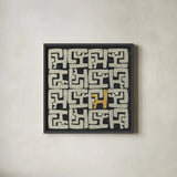 Kuba Play II Gold by Cheryl Warrick. Shown in a sleek black glass frame for a contemporary gallery look. Available as an archival giclee rolled canvas, fine art paper, or poster print. SKU 77618a.