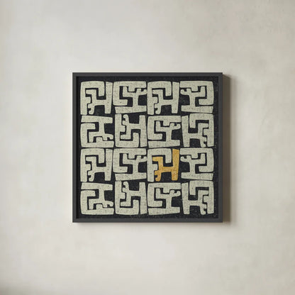 Kuba Play II Gold by Cheryl Warrick. Shown in a sleek black glass frame for a contemporary gallery look. Available as an archival giclee rolled canvas, fine art paper, or poster print. SKU 77618a.