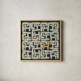 Kuba Play II Gold by Cheryl Warrick. Shown in a natural wood glass frame for a timeless modern aesthetic. Available as an archival giclee rolled canvas, fine art paper, or poster print. SKU 77618a.