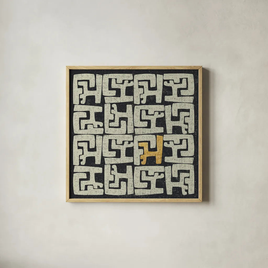 Kuba Play II Gold by Cheryl Warrick. Shown in a natural wood glass frame for a timeless modern aesthetic. Available as an archival giclee rolled canvas, fine art paper, or poster print. SKU 77618a.