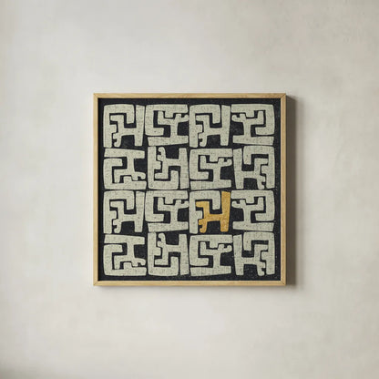 Kuba Play II Gold by Cheryl Warrick. Shown in a natural wood glass frame for a timeless modern aesthetic. Available as an archival giclee rolled canvas, fine art paper, or poster print. SKU 77618a.