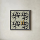Kuba Play II Gold by Cheryl Warrick. Shown in a crisp white glass frame for a clean and minimalist style. Available as an archival giclee rolled canvas, fine art paper, or poster print. SKU 77618a.