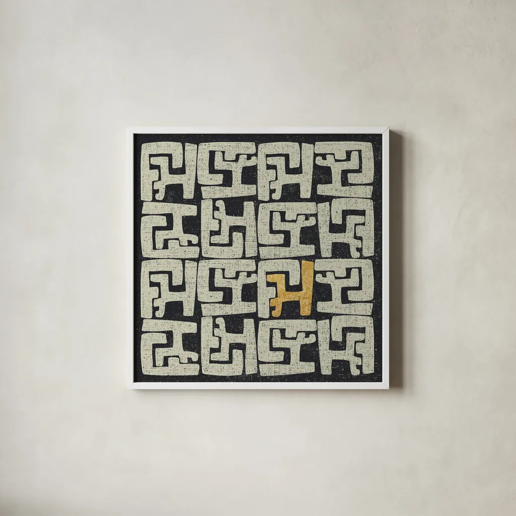 Kuba Play II Gold by Cheryl Warrick. Shown in a crisp white glass frame for a clean and minimalist style. Available as an archival giclee rolled canvas, fine art paper, or poster print. SKU 77618a.