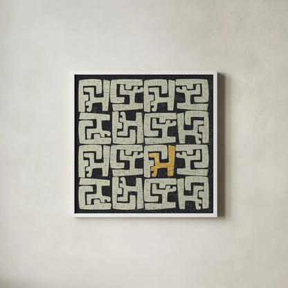 Kuba Play II Gold by Cheryl Warrick. Shown in a crisp white glass frame for a clean and minimalist style. Available as an archival giclee rolled canvas, fine art paper, or poster print. SKU 77618a.