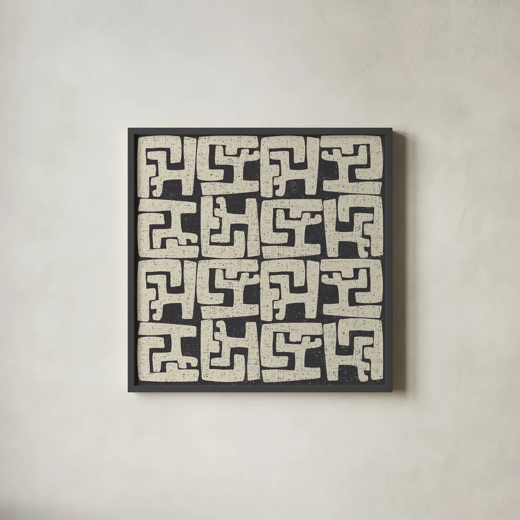 Kuba Play II Neutral by Cheryl Warrick. Shown in a sleek black glass frame for a contemporary gallery look. Available as an archival giclee rolled canvas, fine art paper, or poster print. SKU 63179a.