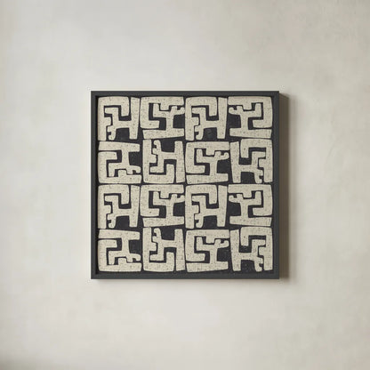 Kuba Play II Neutral by Cheryl Warrick. Shown in a sleek black glass frame for a contemporary gallery look. Available as an archival giclee rolled canvas, fine art paper, or poster print. SKU 63179a.