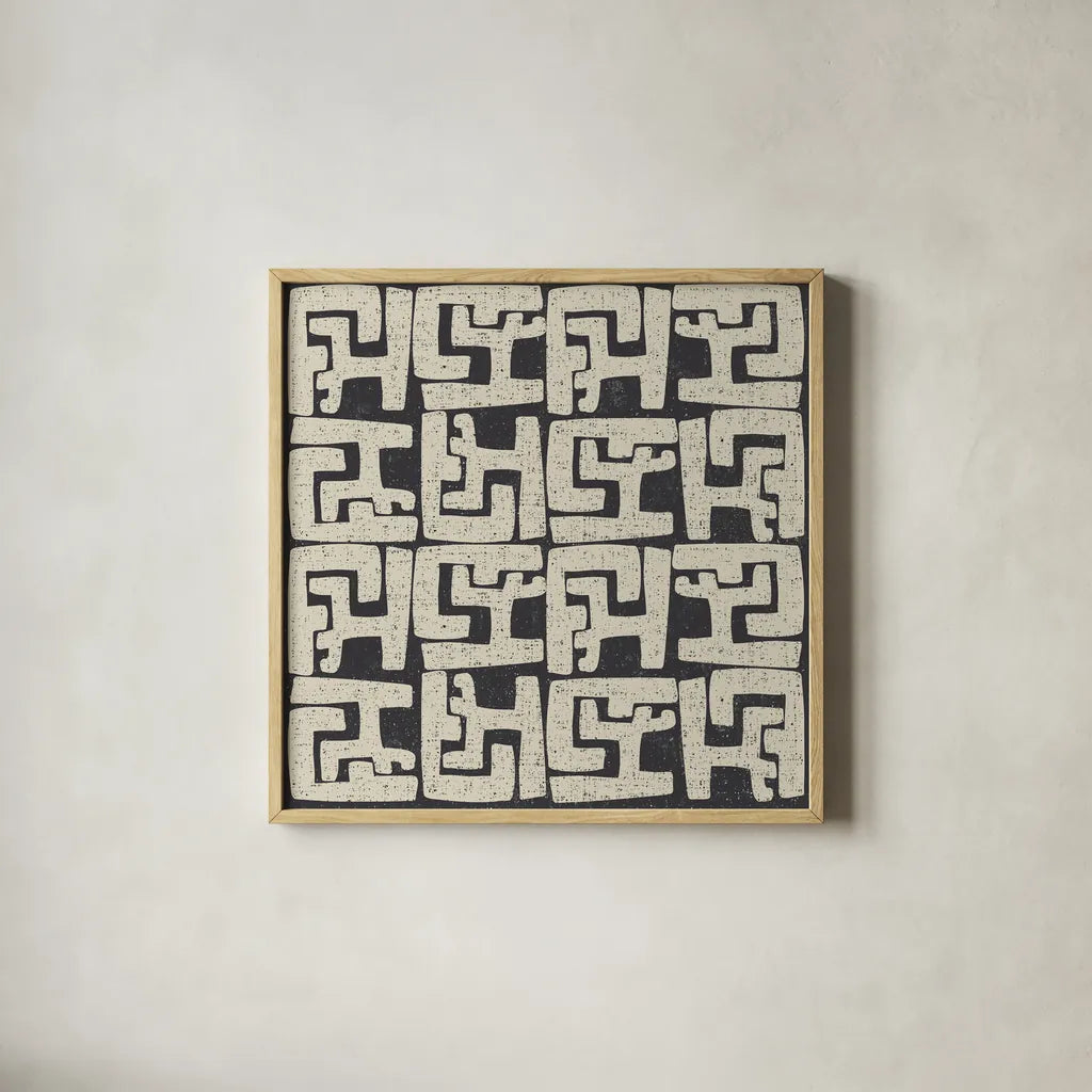 Kuba Play II Neutral by Cheryl Warrick. Shown in a natural wood glass frame for a timeless modern aesthetic. Available as an archival giclee rolled canvas, fine art paper, or poster print. SKU 63179a.