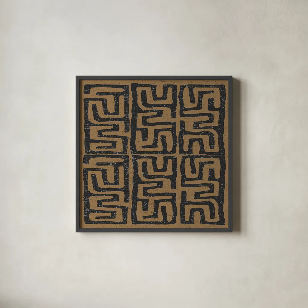 Kuba Play III Brown by Cheryl Warrick. Shown in a sleek black glass frame for a contemporary gallery look. Available as an archival giclee rolled canvas, fine art paper, or poster print. SKU 77620a.