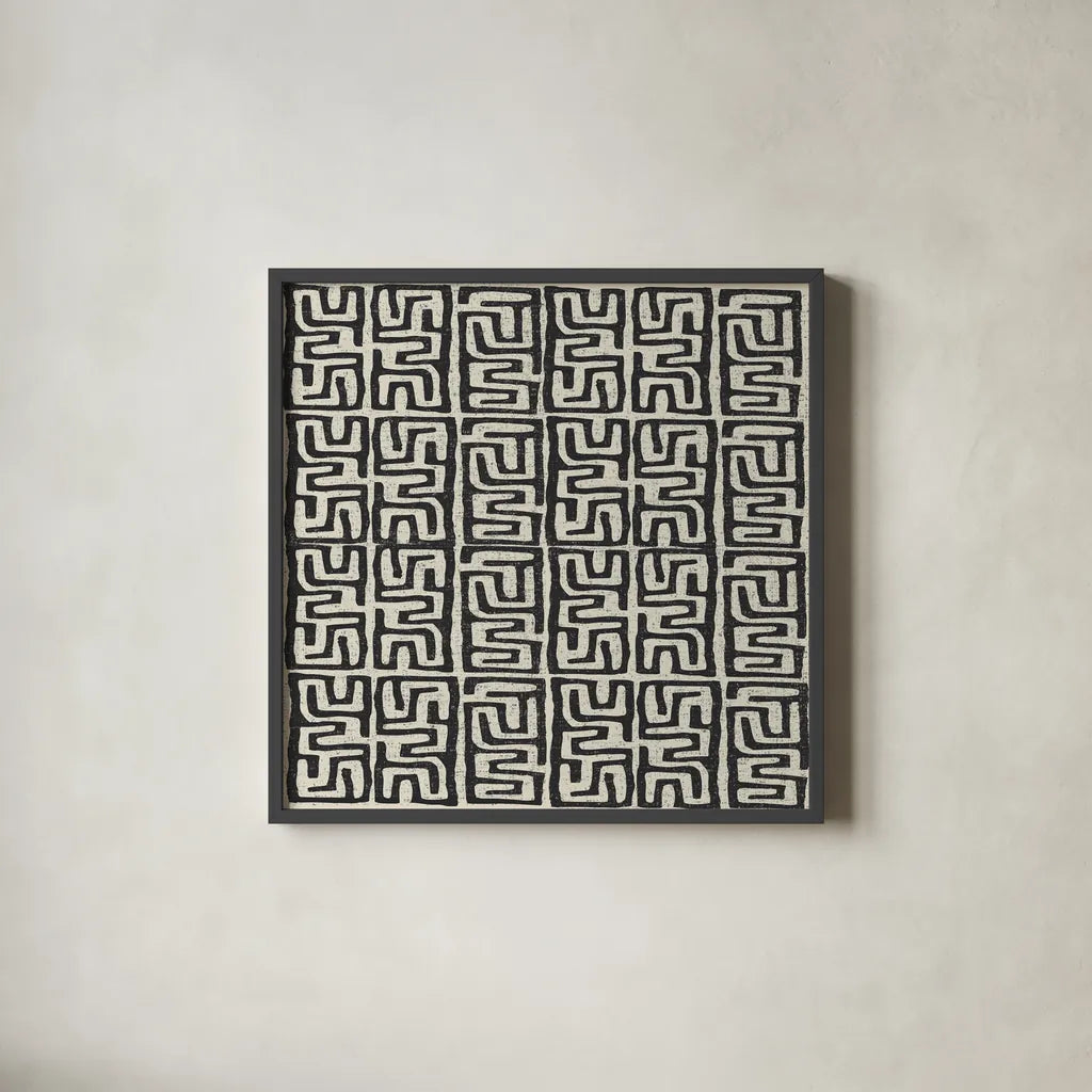 Kuba Play III Neutral by Cheryl Warrick. Shown in a sleek black glass frame for a contemporary gallery look. Available as an archival giclee rolled canvas, fine art paper, or poster print. SKU 63180a.