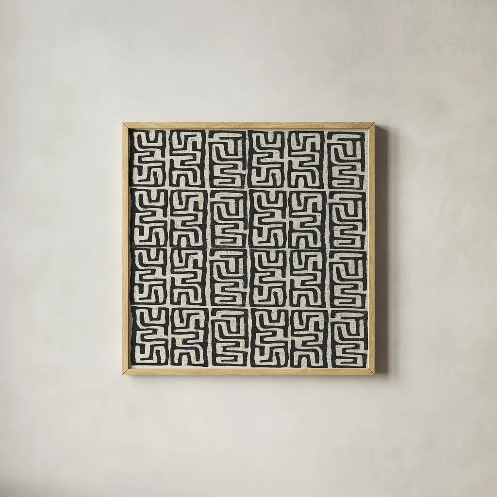 Kuba Play III Neutral by Cheryl Warrick. Shown in a natural wood glass frame for a timeless modern aesthetic. Available as an archival giclee rolled canvas, fine art paper, or poster print. SKU 63180a.