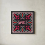Love Sentiments Amore by Cheryl Warrick. Shown in a sleek black glass frame for a contemporary gallery look. Available as an archival giclee rolled canvas, fine art paper, or poster print. SKU 104050a.