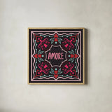 Love Sentiments Amore by Cheryl Warrick. Shown in a natural wood glass frame for a timeless modern aesthetic. Available as an archival giclee rolled canvas, fine art paper, or poster print. SKU 104050a.