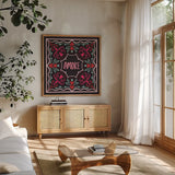 Love Sentiments Amore by Cheryl Warrick. Shown in a natural wood frame in a cozy modern living room. Available as an archival giclee rolled canvas, fine art paper, or poster print. SKU 104050a.
