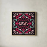 Love Sentiments Kisses by Cheryl Warrick. Shown in a natural wood glass frame for a timeless modern aesthetic. Available as an archival giclee rolled canvas, fine art paper, or poster print. SKU 104046a.