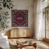 Love Sentiments Kisses by Cheryl Warrick. Shown in a natural wood frame in a cozy modern living room. Available as an archival giclee rolled canvas, fine art paper, or poster print. SKU 104046a.