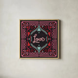 Love Sentiments Love by Cheryl Warrick. Shown in a natural wood glass frame for a timeless modern aesthetic. Available as an archival giclee rolled canvas, fine art paper, or poster print. SKU 104045a.