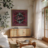 Love Sentiments Love by Cheryl Warrick. Shown in a natural wood frame in a cozy modern living room. Available as an archival giclee rolled canvas, fine art paper, or poster print. SKU 104045a.