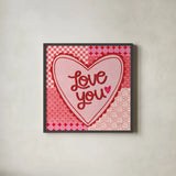 Love You Valentine by Cheryl Warrick. Shown in a sleek black glass frame for a contemporary gallery look. Available as an archival giclee rolled canvas, fine art paper, or poster print. SKU 104041a.