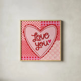 Love You Valentine by Cheryl Warrick. Shown in a natural wood glass frame for a timeless modern aesthetic. Available as an archival giclee rolled canvas, fine art paper, or poster print. SKU 104041a.