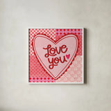 Love You Valentine by Cheryl Warrick. Shown in a crisp white glass frame for a clean and minimalist style. Available as an archival giclee rolled canvas, fine art paper, or poster print. SKU 104041a.