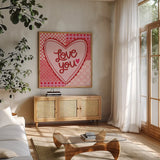 Love You Valentine by Cheryl Warrick. Shown in a natural wood frame in a cozy modern living room. Available as an archival giclee rolled canvas, fine art paper, or poster print. SKU 104041a.