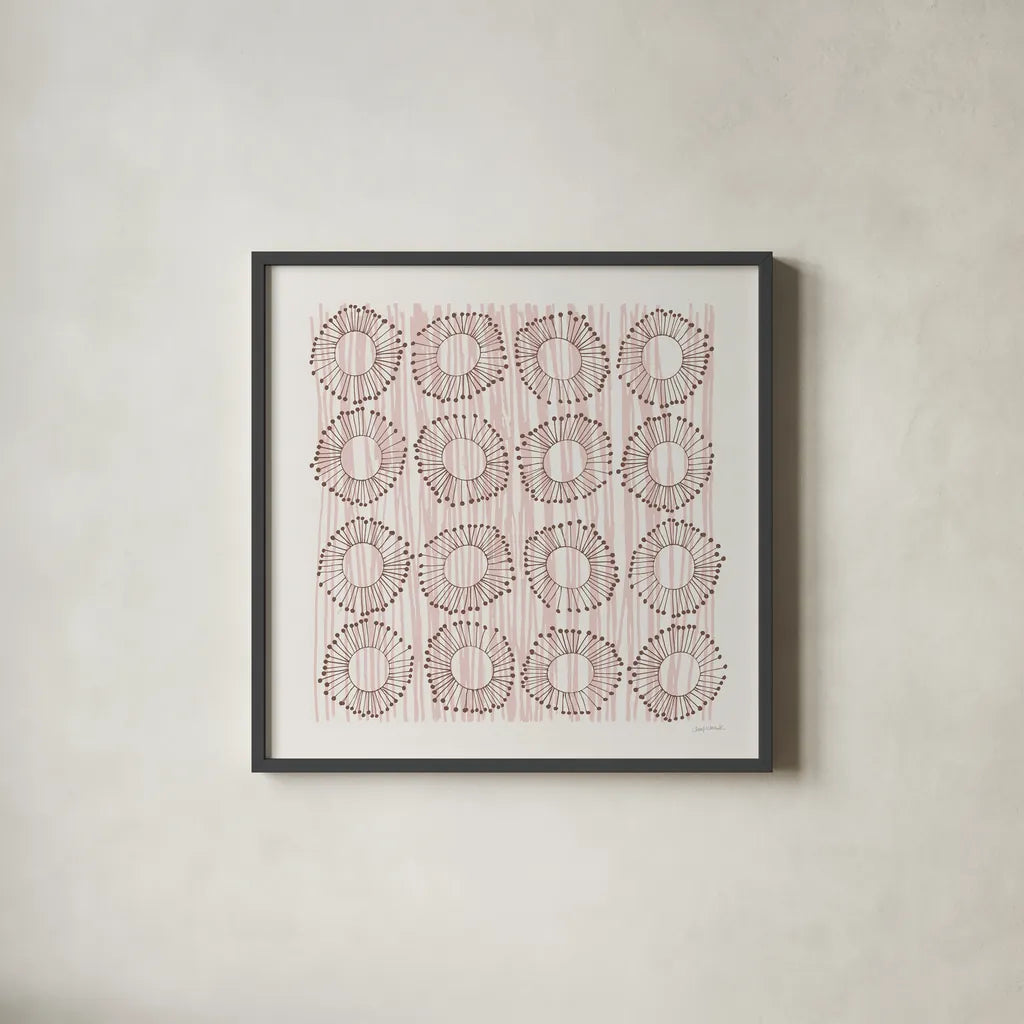 Main Street Twirled Blush by Cheryl Warrick. Shown in a sleek black glass frame for a contemporary gallery look. Available as an archival giclee rolled canvas, fine art paper, or poster print. SKU 82383a.