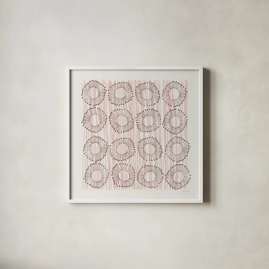 Main Street Twirled Blush by Cheryl Warrick. Shown in a crisp white glass frame for a clean and minimalist style. Available as an archival giclee rolled canvas, fine art paper, or poster print. SKU 82383a.
