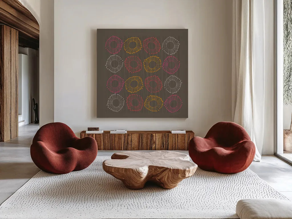 Main Street Twirled Rich by Cheryl Warrick. Shown as extra-large giant wall art in a modern living room. Available as an archival giclee rolled canvas, fine art paper, or poster print. SKU 77638a.
