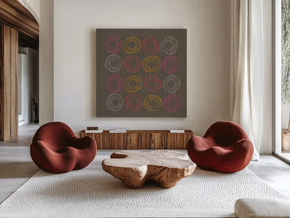Main Street Twirled Rich by Cheryl Warrick. Shown as extra-large giant wall art in a modern living room. Available as an archival giclee rolled canvas, fine art paper, or poster print. SKU 77638a.